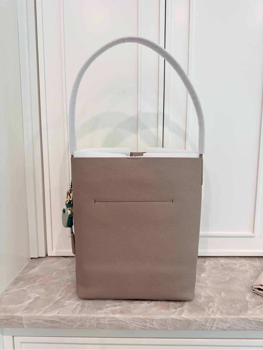 NWT Maison de Sabre Grey Leather Bucket Soft Tote Bag with bag charm - Picture 13 of 16